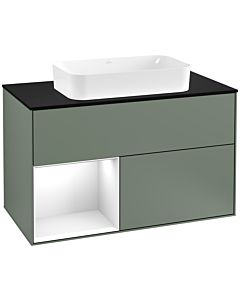 Villeroy und Boch Finion Waschtischunterschrank F242GFGM 100x60,3cm, Abdeckplatte black matt, Regal links Glossy white lacquer, Olive Matt Lacquer