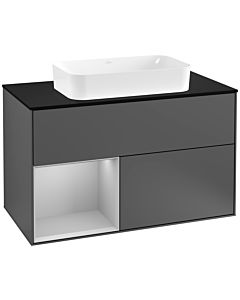 Villeroy und Boch Finion Waschtischunterschrank F242GJGK 100x60,3cm, Abdeckplatte black matt, Regal links Light grey matt, Anthracite matt