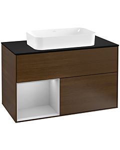Villeroy und Boch Finion Waschtischunterschrank F242GJGN 100x60,3cm, Abdeckplatte black matt, Regal links Light grey matt, Walnut veneer