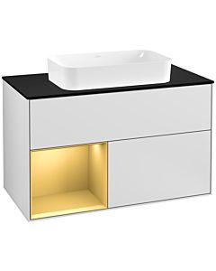 Villeroy und Boch Finion Villeroy und Boch F242HFMT 100x60,3cm, plaque de finition noir mat, étagère gauche or mat, laqué blanc mat