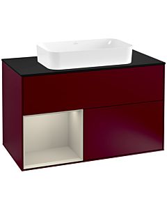 Villeroy und Boch Finion Waschtischunterschrank F242HHHB 100x60,3cm, Abdeckplatte black matt, Regal links Sand Matt Lacquer, Peony Matt