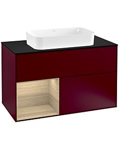 Villeroy und Boch Finion Waschtischunterschrank F242PCHB 100x60,3cm, Abdeckplatte black matt, Regal links Oak Veneer, Peony Matt