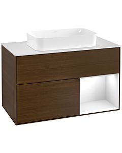 Villeroy und Boch Finion Waschtischunterschrank F251GFGN 100x60,3cm, Abdeckplatte white matt, Regal rechts Glossy white lacquer, Walnut veneer