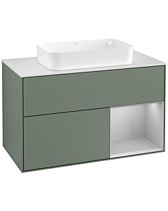 Villeroy und Boch Finion Waschtischunterschrank F251GJGM 100x60,3cm, Abdeckplatte white matt, Regal rechts Light grey matt, Olive Matt Lacquer