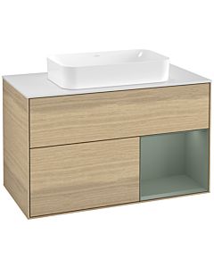 Villeroy und Boch Finion Villeroy und Boch F251GMPC 100x60,3cm, plaque de finition blanc mat, étagère à droite Olive Matt Lacquer , Oak Veneer