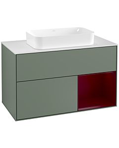 Villeroy und Boch Finion Waschtischunterschrank F251HBGM 100x60,3cm, Abdeckplatte white matt, Regal rechts Peony, Olive Matt Lacquer