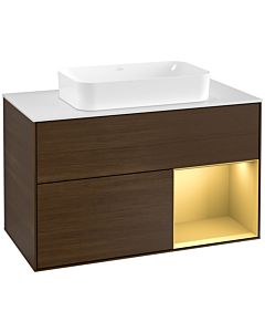 Villeroy und Boch Finion Villeroy und Boch F251HFGN 100x60,3cm, plaque de finition blanc mat, étagère à droite or mat, placage noyer