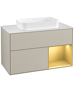 Villeroy und Boch Finion Villeroy und Boch F251HFHH 100x60,3cm, plaque de recouvrement blanc mat, étagère droite or mat, Sand Matt Lacquer