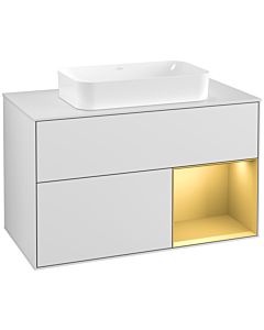 Villeroy und Boch Finion Waschtischunterschrank F251HFMT 100x60,3cm, Abdeckplatte white matt, Regal rechts Gold matt, White matt lacquer