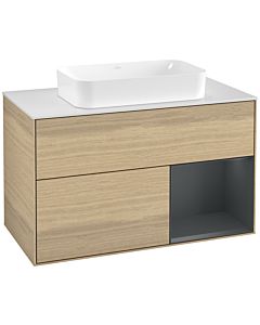 Villeroy und Boch Finion Waschtischunterschrank F251HGPC 100x60,3cm, Abdeckplatte white matt, Regal rechts Midnight Blue Matt Lacquer, Oak Veneer