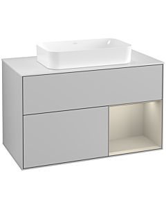 Villeroy und Boch Finion Waschtischunterschrank F251HHGJ 100x60,3cm, Abdeckplatte white matt, Regal rechts Sand Matt, Light grey matt