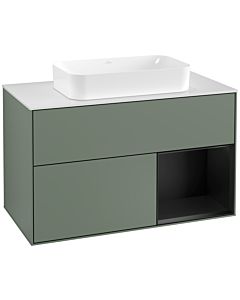 Villeroy und Boch Finion Villeroy und Boch F251PDGM 100x60,3cm, plaque de finition blanc mat, étagère à droite laqué noir mat, Olive Matt Lacquer