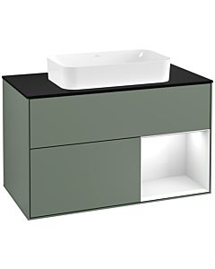 Villeroy und Boch Finion Waschtischunterschrank F252GFGM 100x60,3cm, Abdeckplatte black matt, Regal rechts Glossy white lacquer, Olive Matt Lacquer