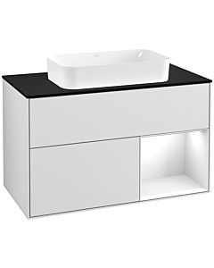 Villeroy und Boch Finion Villeroy und Boch F252GFMT 100x60,3cm, plaque de finition noir mat, étagère à droite laqué blanc brillant, laqué blanc mat