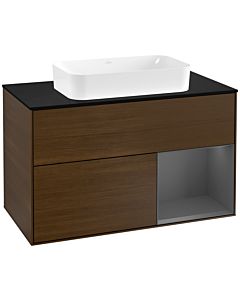 Villeroy und Boch Finion Waschtischunterschrank F252GKGN 100x60,3cm, Abdeckplatte black matt, Regal rechts Anthracite matt, Walnut veneer