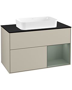 Villeroy und Boch Finion Waschtischunterschrank F252GMHH 100x60,3cm, Abdeckplatte black matt, Regal rechts Olive Matt Lacquer, Sand Matt Lacquer