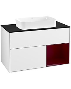Villeroy und Boch Finion Waschtischunterschrank F252HBGF 100x60,3cm, Abdeckplatte black matt, Regal rechts Peony, Glossy white lacquer
