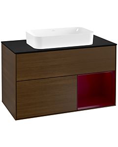 Villeroy und Boch Finion Waschtischunterschrank F252HBGN 100x60,3cm, Abdeckplatte black matt, Regal rechts Peony, Walnut veneer