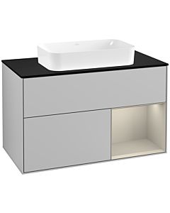 Villeroy und Boch Finion Waschtischunterschrank F252HHGJ 100x60,3cm, Abdeckplatte black matt, Regal rechts Sand Matt, Light grey matt