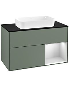 Villeroy und Boch Finion Waschtischunterschrank F252MTGM 100x60,3cm, Abdeckplatte black matt, Regal rechts White matt lacquer, Olive Matt Lacquer