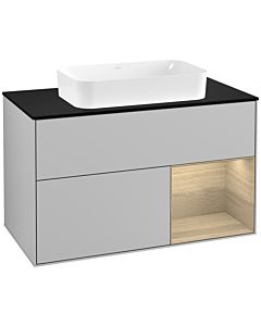 Villeroy und Boch Finion Waschtischunterschrank F252PCGJ 100x60,3cm, Abdeckplatte black matt, Regal rechts Oak Veneer, Light grey matt