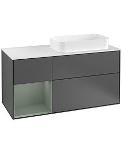Villeroy und Boch Finion Waschtischunterschrank F271GMGK 120cm, Abdeckplatte white matt, Regal links Olive Matt Lacquer, Anthracite matt