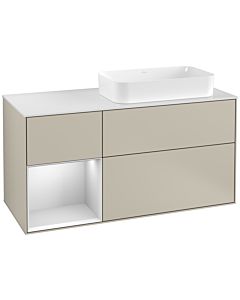 Villeroy und Boch Finion Waschtischunterschrank F271MTHH 120cm, Abdeckplatte white matt, Regal links White matt lacquer, Sand Matt Lacquer