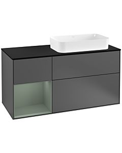 Villeroy und Boch Finion Waschtischunterschrank F272GMGK 120cm, Abdeckplatte black matt, Regal links Olive Matt Lacquer, Anthracite matt