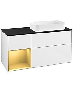 Villeroy und Boch Finion Waschtischunterschrank F272HFGF 120cm, Abdeckplatte black matt, Regal links Gold matt, Glossy white lacquer