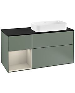 Villeroy und Boch Finion Waschtischunterschrank F272HHGM 120cm, Abdeckplatte black matt, Regal links Sand Matt Lacquer, Olive Matt Lacquer