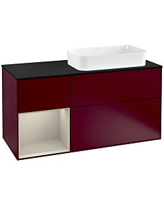 Villeroy und Boch Finion Waschtischunterschrank F272HHHB 120cm, Abdeckplatte black matt, Regal links Sand Matt Lacquer, Peony Matt