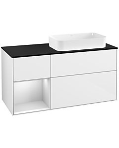 Villeroy und Boch Finion Villeroy und Boch F272MTGF 120cm, plaque de finition noir mat, étagère gauche laqué blanc mat, laqué blanc brillant