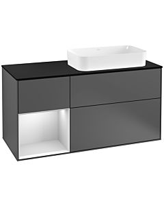 Villeroy und Boch Finion Waschtischunterschrank F272MTGK 120cm, Abdeckplatte black matt, Regal links White matt lacquer, Anthracite matt