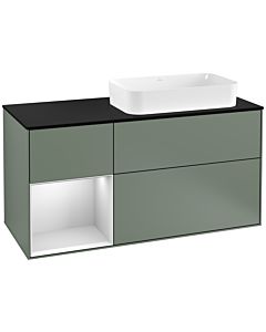 Villeroy und Boch Finion Waschtischunterschrank F272MTGM 120cm, Abdeckplatte black matt, Regal links White matt lacquer, Olive Matt Lacquer