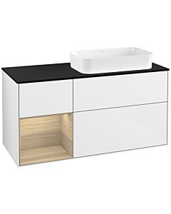 Villeroy und Boch Finion Waschtischunterschrank F272PCGF 120cm, Abdeckplatte black matt, Regal links Oak Veneer, Glossy white lacquer