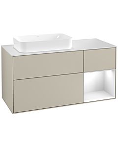 Villeroy und Boch Finion Villeroy und Boch F281GFHH 120cm, plaque de finition blanc mat, étagère à droite Laque blanc brillant, Sand Matt Lacquer