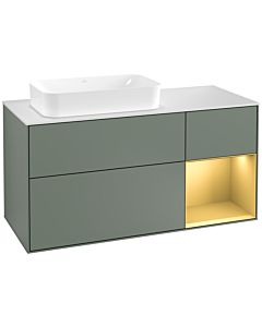 Villeroy und Boch Finion Waschtischunterschrank F281HFGM 120cm, Abdeckplatte white matt, Regal rechts Gold matt, Olive Matt Lacquer