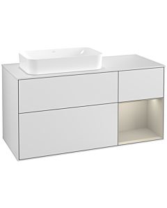 Villeroy und Boch Finion Waschtischunterschrank F281HHMT 120cm, Abdeckplatte white matt, Regal rechts Sand Matt, White matt lacquer
