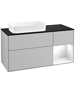 Villeroy und Boch Finion Waschtischunterschrank F282GFGJ 120cm, Abdeckplatte black matt, Regal rechts Glossy white lacquer, Light grey matt