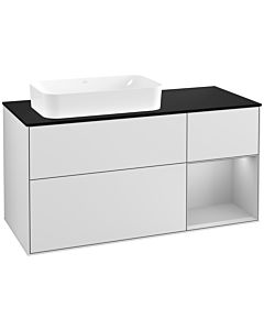 Villeroy und Boch Finion Waschtischunterschrank F282GJMT 120cm, Abdeckplatte black matt, Regal rechts Light grey matt, White matt lacquer