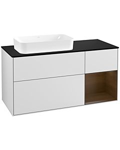 Villeroy und Boch Finion Waschtischunterschrank F282GNMT 120cm, Abdeckplatte black matt, Regal rechts Walnut veneer, White matt lacquer
