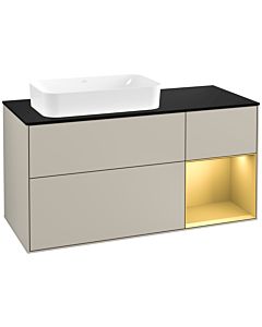 Villeroy und Boch Finion Waschtischunterschrank F282HFHH 120cm, Abdeckplatte black matt, Regal rechts Gold matt, Sand Matt Lacquer