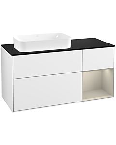 Villeroy und Boch Finion Waschtischunterschrank F282HHGF 120cm, Abdeckplatte black matt, Regal rechts Sand Matt, Glossy white lacquer