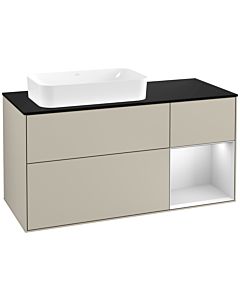 Villeroy und Boch Finion Villeroy und Boch F282MTHH 120cm, plaque de finition noir mat, étagère à droite laqué blanc mat, Sand Matt Lacquer