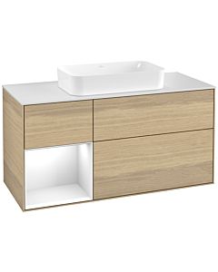 Villeroy und Boch Finion Waschtischunterschrank F291GFPC 120cm, Abdeckplatte white matt, Regal links Glossy white lacquer, Oak Veneer