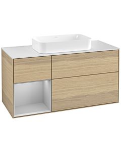 Villeroy und Boch Finion Waschtischunterschrank F291GJPC 120cm, Abdeckplatte white matt, Regal links Light grey matt, Oak Veneer