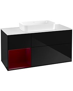 Villeroy und Boch Finion Waschtischunterschrank F291HBPH 120cm, Abdeckplatte white matt, Regal links Peony, Glossy Black Lacquer