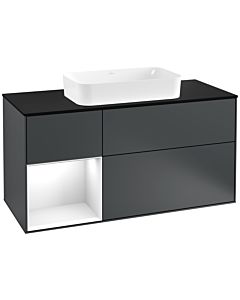 Villeroy und Boch Finion Waschtischunterschrank F292GFHG 120cm, Abdeckplatte black matt, Regal links Glossy white lacquer, Midnight Blue Matt Lacquer