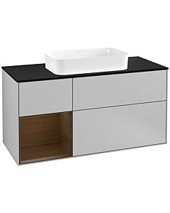 Villeroy und Boch Finion Waschtischunterschrank F292GNGJ 120cm, Abdeckplatte black matt, Regal links Walnut veneer, Light grey matt