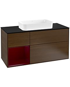 Villeroy und Boch Finion Waschtischunterschrank F292HBGN 120cm, Abdeckplatte black matt, Regal links Peony, Walnut veneer